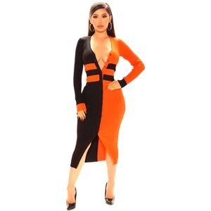 Color block Sweater Midi Dress L Rust combo